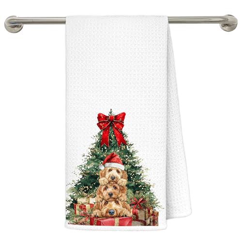 Christmas Goldendoodle Kitchen Towels - Red Bow Dog Lover Gifts, 16x24 Inches - Holiday Decor