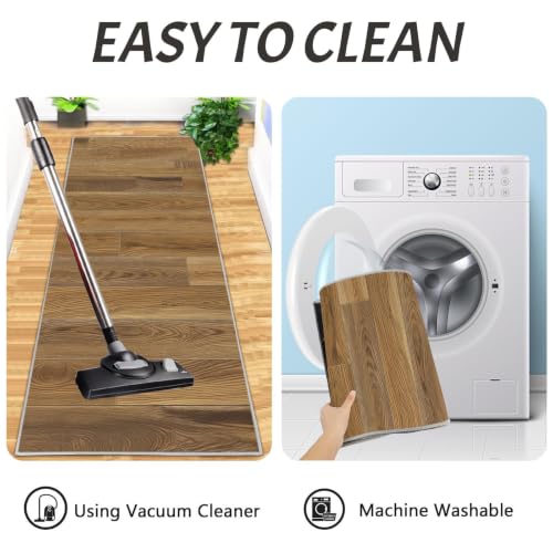 Wood Grain Kitchen Rugs Non Slip 2-Piece Set Brown Washable Mat Runner, 20x32 & 20x71 Variation of Brown/Wood Grain