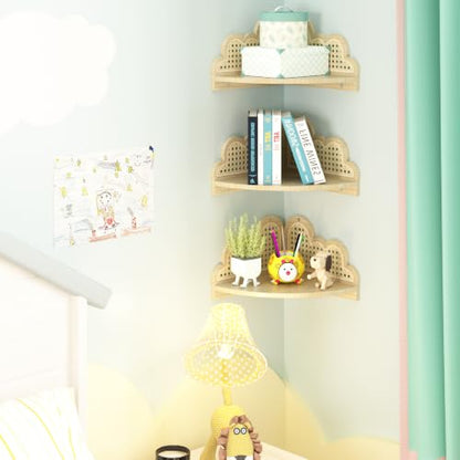 Rattan Corner Floating Shelves Set of 3 - Natural Boho Wall Storage