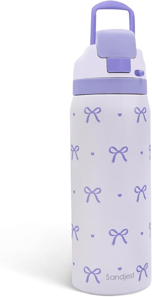 Bow Insulated Stainless Steel Water Bottle - 32oz with Straw for Sports & Travel | Purple Gift for Women & Teens