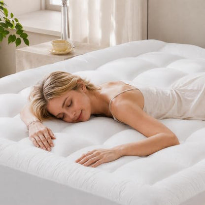 White King Size Cotton Mattress Topper with Memory Foam Layer & Deep Pocket