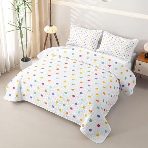 Colorful Full Size Polka Dot Quilt Bedspread Set - 3 Pieces, Rainbow Geometric Bedding