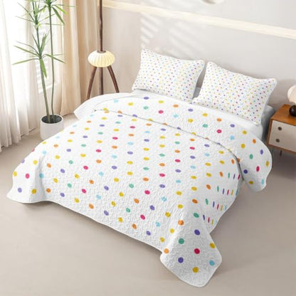 Colorful Full Size Polka Dot Quilt Bedspread Set - 3 Pieces, Rainbow Geometric Bedding