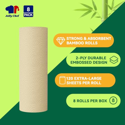 Bamboo Paper Towels 8 Rolls - 2 Ply, 120 Sheets Each, Natural Brown