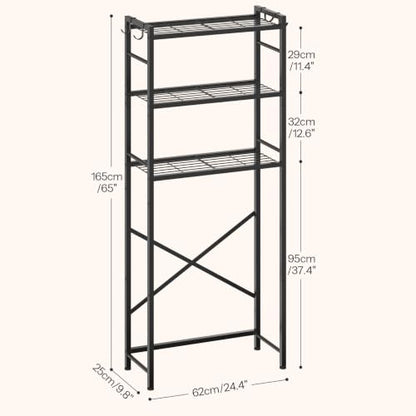 Over-the-Toilet Bathroom Storage Rack 3-Tier Organizer with Adjustable Shelves & Hooks