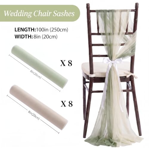 16 Pack 8ft Sage Green Wedding Chair Sashes with Bow Ties - Aisle Decor