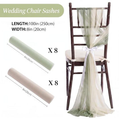 16 Pack 8ft Sage Green Wedding Chair Sashes with Bow Ties - Aisle Decor