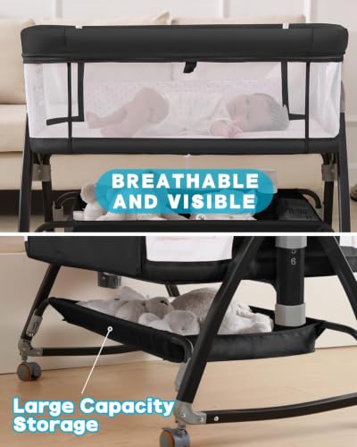 Black 3-in-1 Baby Bassinet Bedside Sleeper with Mesh Mosquito Net & Wheels