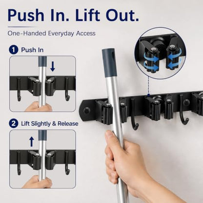 Stainless Steel Wall Mount Broom and Mop Holder with Hooks