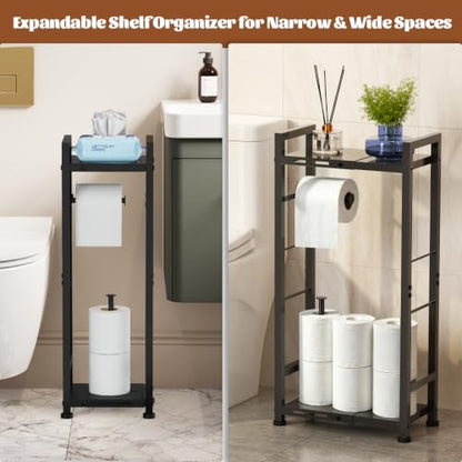 2-Tier Freestanding Toilet Paper Holder Stand with Shelf, Expandable Width 8.7-13in, Slim Floor Dispenser for Bathroom, Small Space, Black