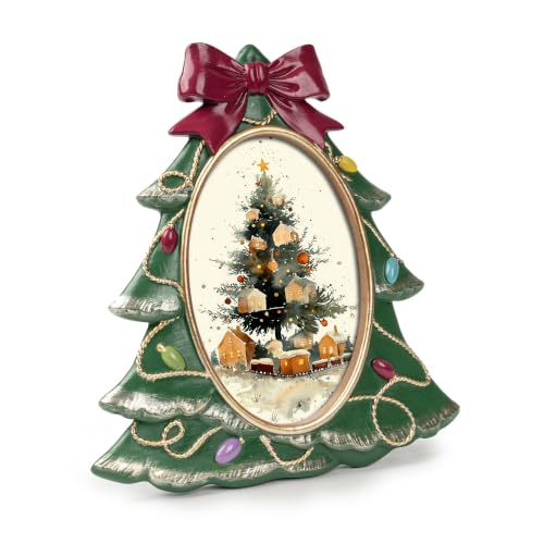 Vintage Christmas Tree Photo Frame with Bow and Light String - Green Tree Variation
