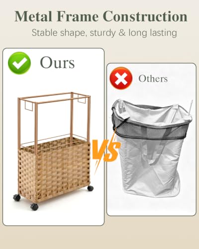 SETVSON Slim Laundry Hamper with Wheels 48L Natural Narrow Space-Saving Design