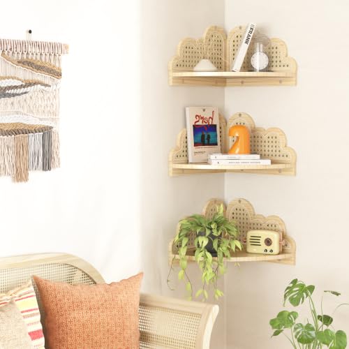 Rattan Corner Floating Shelves Set of 3 - Natural Boho Wall Storage