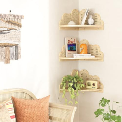 Rattan Corner Floating Shelves Set of 3 - Natural Boho Wall Storage