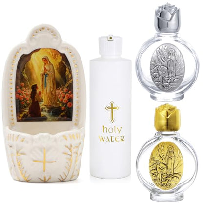 Catholic Holy Water Font Set with Bottles and Wall Mount