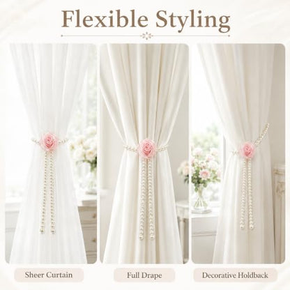 Faux Pearl Curtain Tieback with Satin Rose and Graduated Beads - Pack of 2