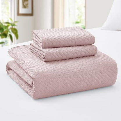 Twin Linen Quilt Set with Embossed Chevron Pattern - Baby Pink Bedspread Coverlet