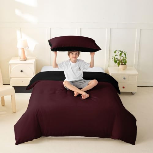 Toddler Duvet Cover Set Burgundy Microfiber Solid Color with Zipper - No Comforter