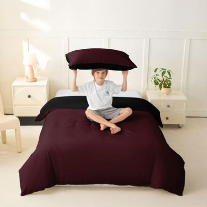 Toddler Duvet Cover Set Burgundy Microfiber Solid Color with Zipper - No Comforter