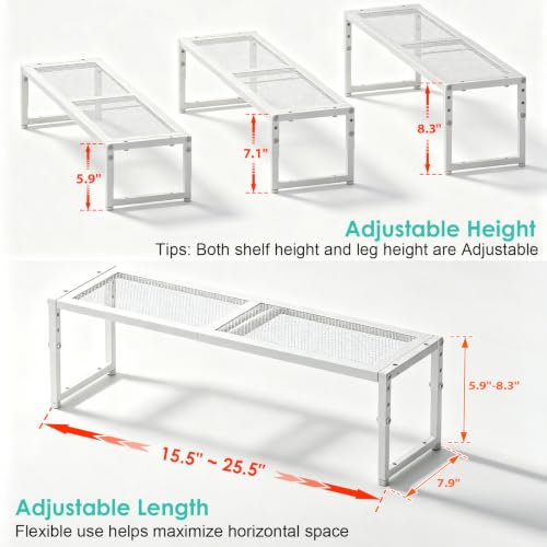 Expandable Adjustable Kitchen Shelf Organizer - Stackable Metal Storage Racks, 30LBS Capacity, 15.5-25.5 Inches