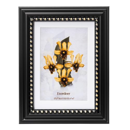 Everdeer 5x7 Black Picture Frame with Gold Beaded Border - Wall & Tabletop Display