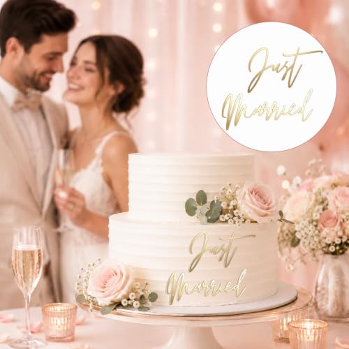 2 Pack Acrylic Just Married Cake Topper Gold & Black Wedding Decor