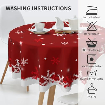 White Red Snowflake Christmas Round Tablecloth 60 Inch Water Resistant Fabric