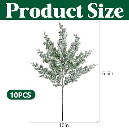 Snowy Artificial Christmas Pine Branches - 10 Pcs Faux Xmas Decor Sprigs, Style of Snowy