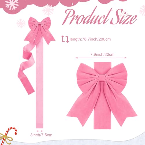 Pink Velvet Christmas Cabinet Bows Ribbons - 8 Pack, 78.7" Length, Easy Hook Installation