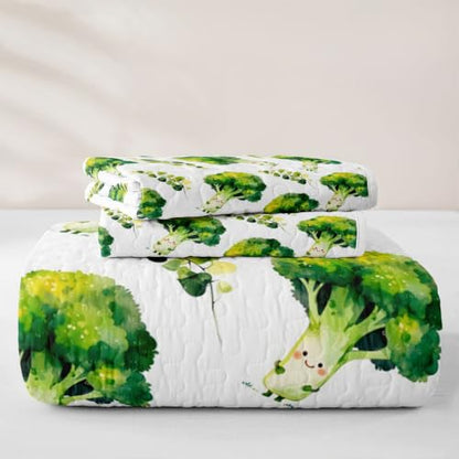 Homewish Broccoli Vegetable Quilt Set Queen Size for Girls Boys Teens - Green Vegetables 01