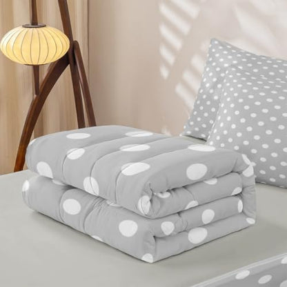 Kids Full Size Polka Dot Bedding Set with Zipper Comforter & Fitted Sheet - Grey White Cartoon