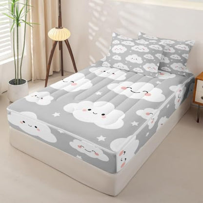 Twin Size Cloud Zipper Bedding Set with Comforter Fitted Sheet & Pillowcases - Grey Star Clouds Sky