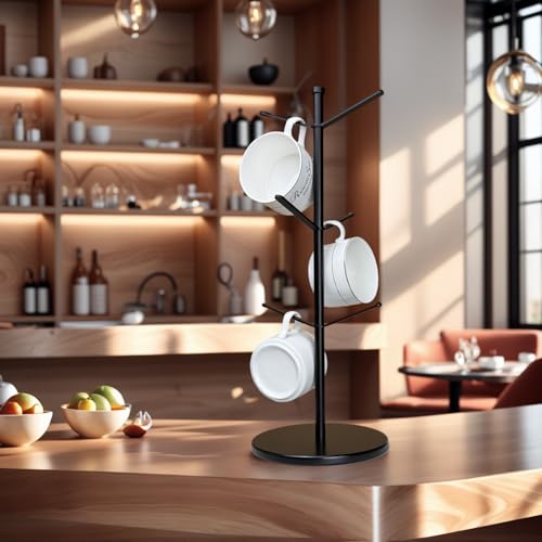 Premium Mug Tree with 6 Hooks - Stable Metal Cup Rack with Bamboo Base, Black