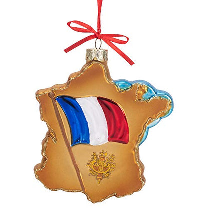 France Map Glass Ornament with Landmarks - Holiday Decor, 4.75 Inch