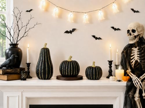 Black & Gold Resin Pumpkin Decorations Set - Fall Halloween Home Accent