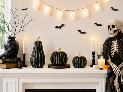 Black & Gold Resin Pumpkin Decorations Set - Fall Halloween Home Accent