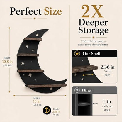 Moon Black Crescent Moon Crystal Display Shelf with LED Light Wall Decor