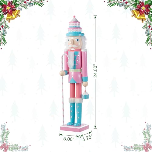 Nutcracker Christmas Decorations - 24 Inch Wooden Nutcracker Soldier with Cake Hat, Candy Cane & Cupcake - Holiday Porch Decor