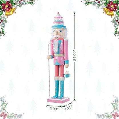 Nutcracker Christmas Decorations - 24 Inch Wooden Nutcracker Soldier with Cake Hat, Candy Cane & Cupcake - Holiday Porch Decor