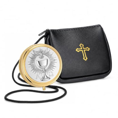 Catholic Communion Pyx Set with Leather Burse - Square, Gold Cross Design