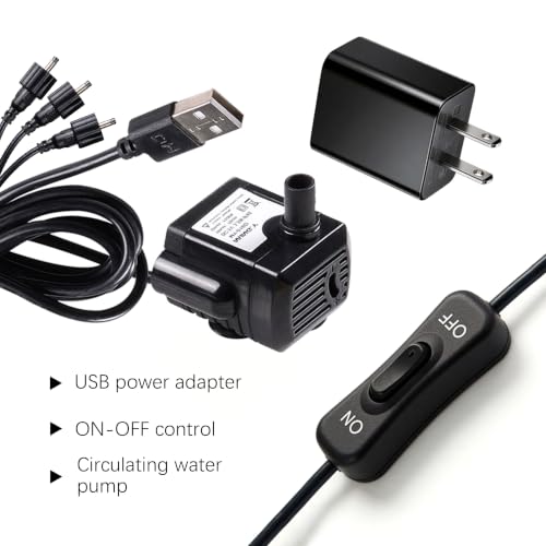 Indoor Fountain Replacement Water Pump USB Submersible with Switch & Power Adapter