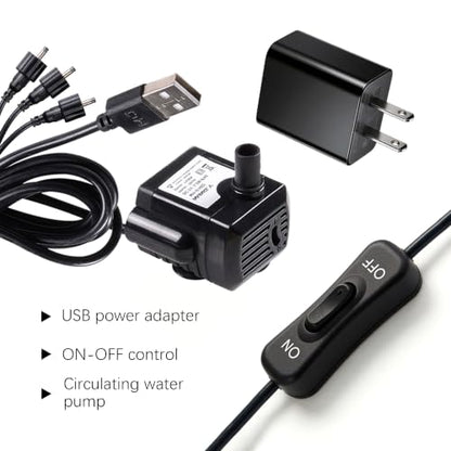 Indoor Fountain Replacement Water Pump USB Submersible with Switch & Power Adapter