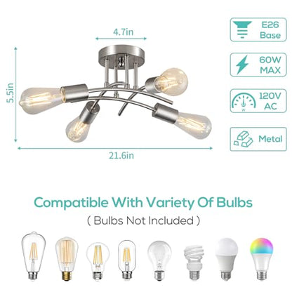 piano7797 4-Light Industrial Semi Flush Mount Ceiling Light Fixture, Modern Sputnik Chandelier Light Fixture,Brushed Nickel Ceiling Light Fixture for Kitchen Bedroom Living Room Hallway 2 Pack