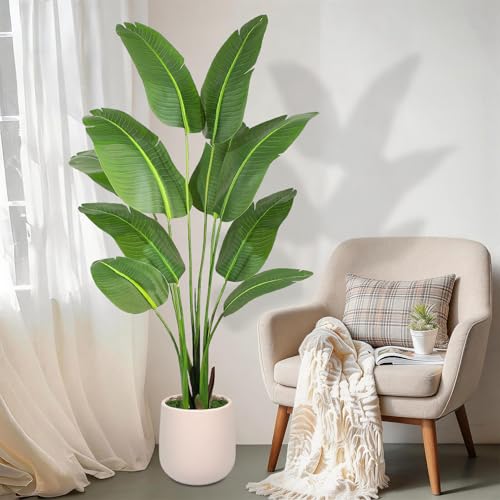 Bird of Paradise Artificial Plant 5ft Tall with White Planter - Fake Tropical Tree for Indoor Decor