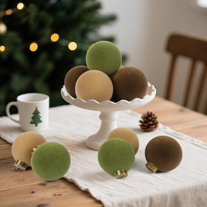 Velvet Christmas Balls Set - 15pcs 3.15 Inch Flocked Ornaments with 10 Bows - Brown, Green, Khaki