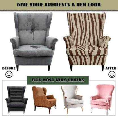 Brown Zebra Print Wingback Chair Slipcover Set of 2 - Non Slip, Stain & Pet Resistant