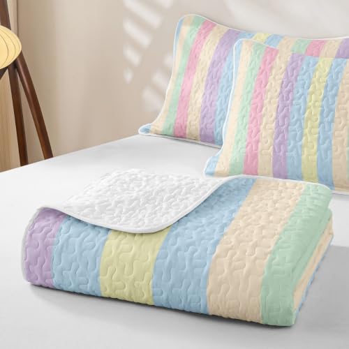 Manfei Colorful Striped Quilted Coverlet Set Twin Size - Microfiber Lightweight Bedding for Kids & Girls, Dreamy Rainbow Lines, 2 Pieces with Pillow Sham