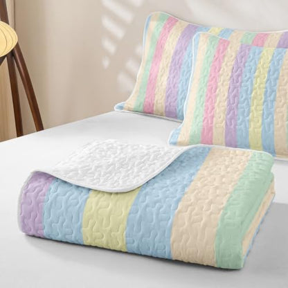 Manfei Colorful Striped Quilted Coverlet Set Twin Size - Microfiber Lightweight Bedding for Kids & Girls, Dreamy Rainbow Lines, 2 Pieces with Pillow Sham
