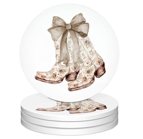 Western Cowgirl Boot Ceramic Drink Coasters Set - Car & Table Decor - Cowgirl Bootes Variation