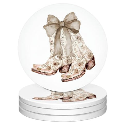 Western Cowgirl Boot Ceramic Drink Coasters Set - Car & Table Decor - Cowgirl Bootes Variation